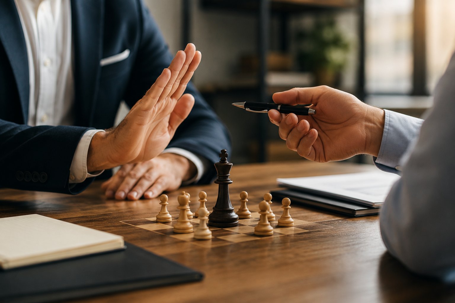 Business negotiation scene with two professionals discussing terms across a conference table with chess pieces symbolizing strategy and decision-making.