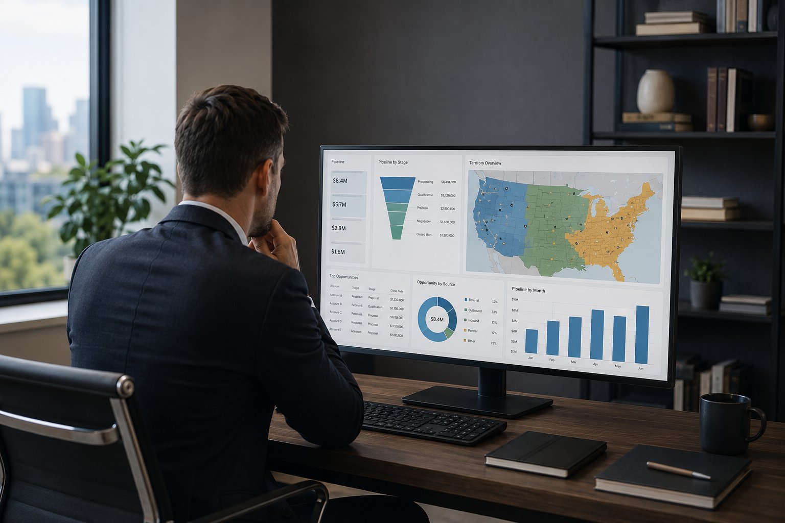 Sales leader reviewing a territory map, sales pipeline dashboard, and account performance data on a computer screen in a modern office.