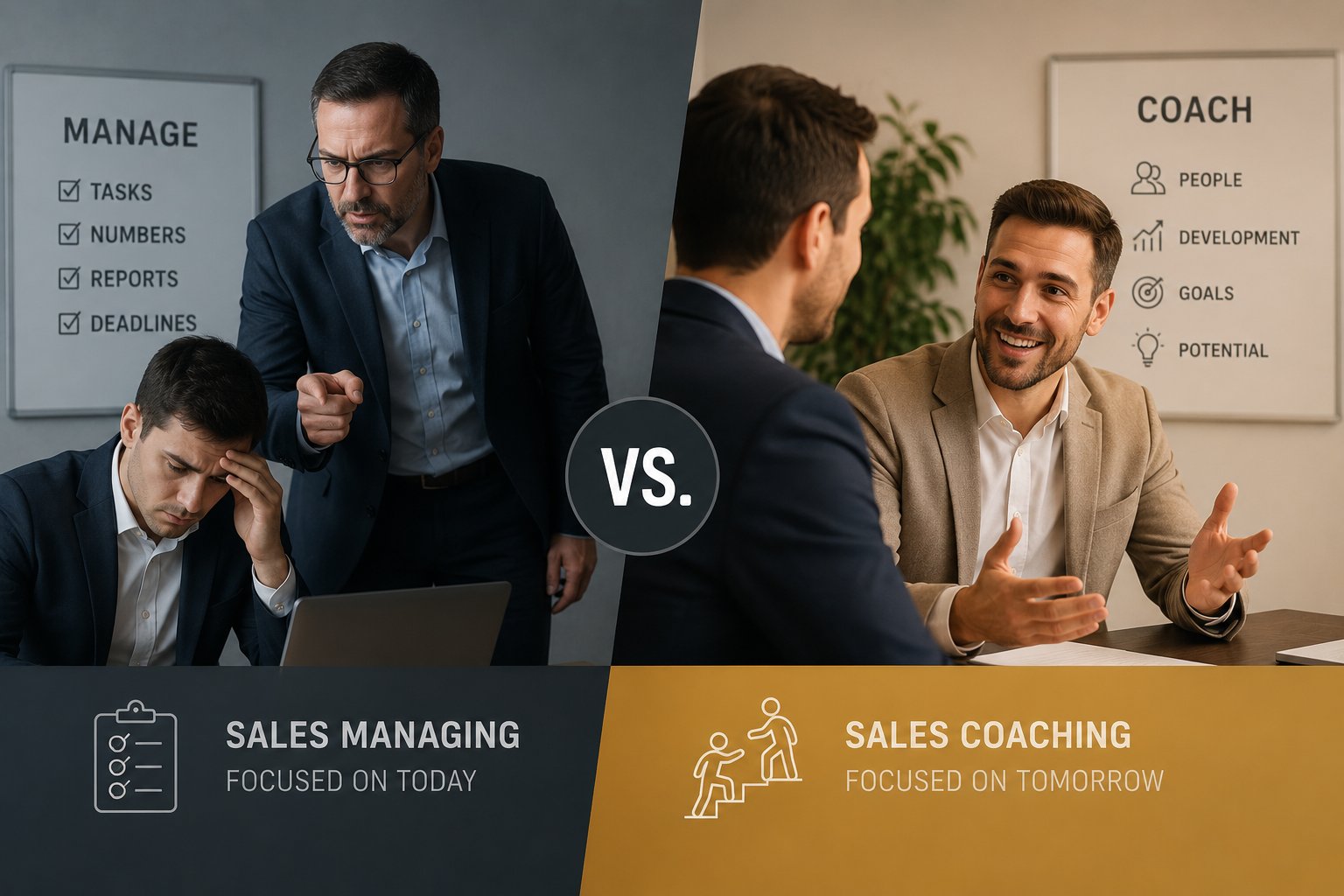 Comparison of sales management and sales coaching styles showing one leader focused on oversight and another focused on employee development and growth.