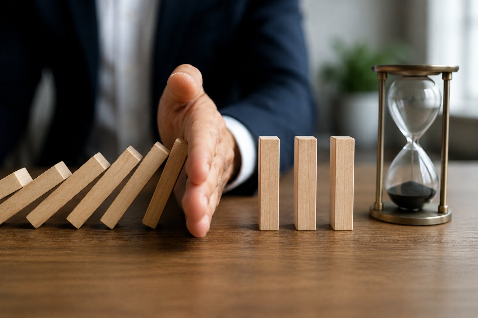 Business professional stopping falling domino blocks beside an hourglass, representing reducing delays and improving sales process efficiency.