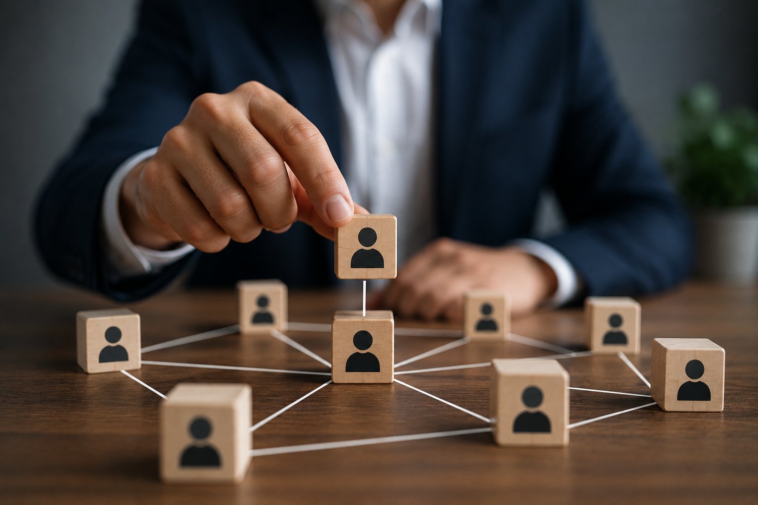 Professional networking concept showing connected business contact icons and a hand placing a new connection into a referral network.