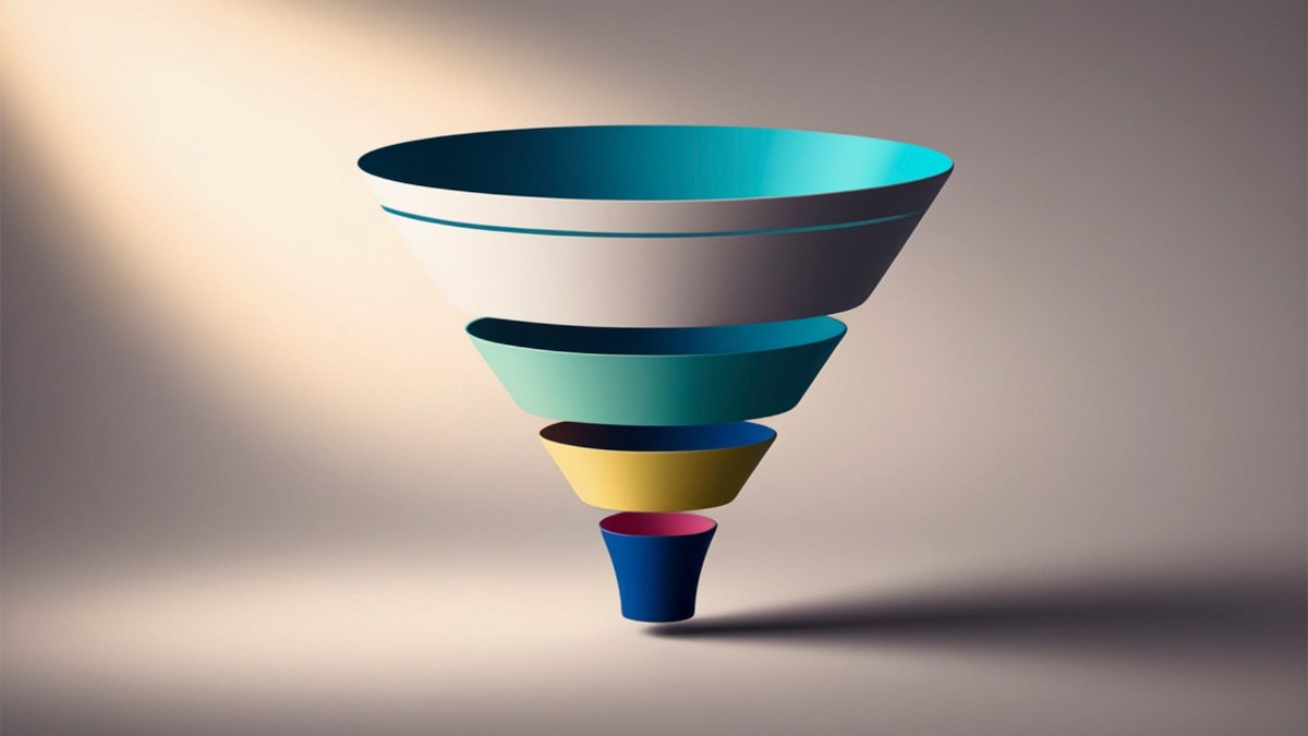 Sales funnel graphic narrowing from top to bottom with stages represented by decreasing sections