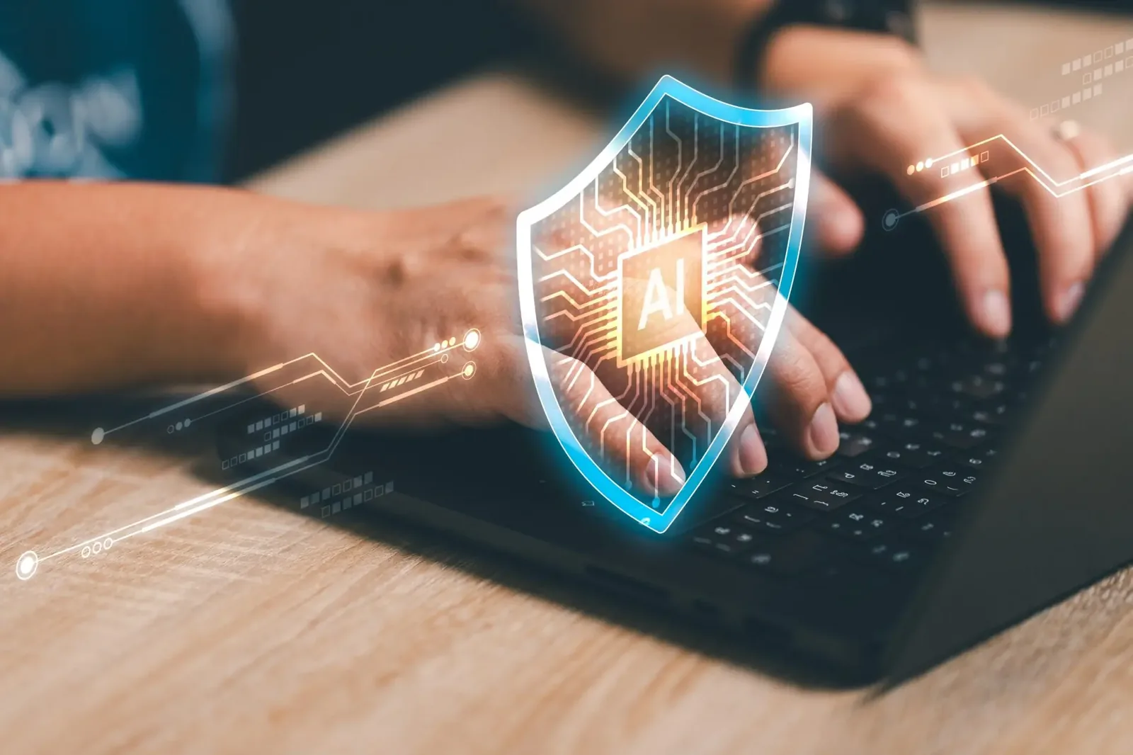 AI security and data protection concept with laptop and digital shield graphic for SMB sales teams
