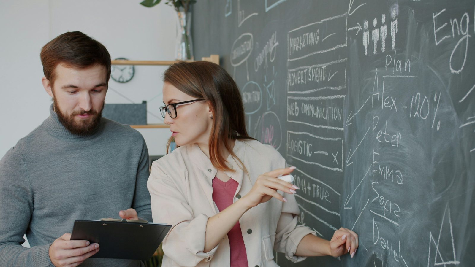 Working through a sales performance plan on the board